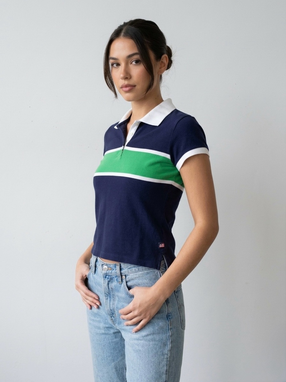 Vintage Polo Jeans Co Ralph Lauren Polo Shirt Navy Green White Stripe Y2K Baby T